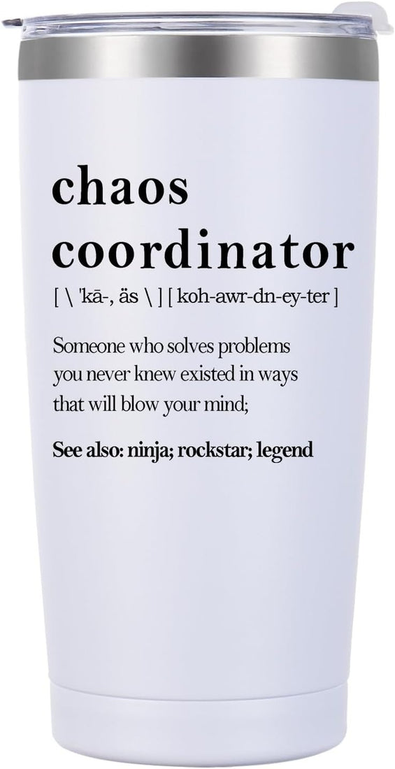 White 20oz Docik Chaos Coordinator insulated stainless steel tumbler with clear flip-top lid for women
