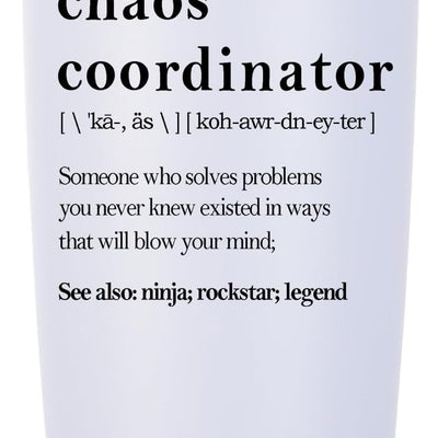 White 20oz Docik Chaos Coordinator insulated stainless steel tumbler with clear flip-top lid for women