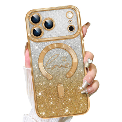 Fiyart gold glitter TPU phone case with heart print and MagSafe magnetic ring for iPhone 17 Pro Max 6.9 inch