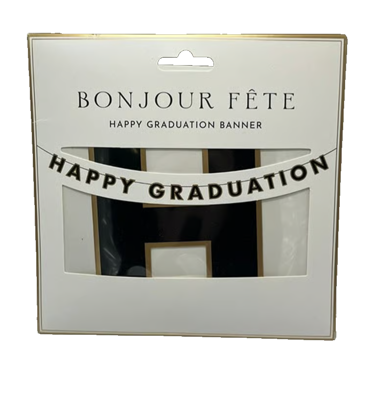 Bonjour Fete 10-foot Happy Graduation paper banner with bold black and white letters edged in gold foil