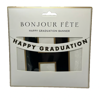 Bonjour Fete 10-foot Happy Graduation paper banner with bold black and white letters edged in gold foil
