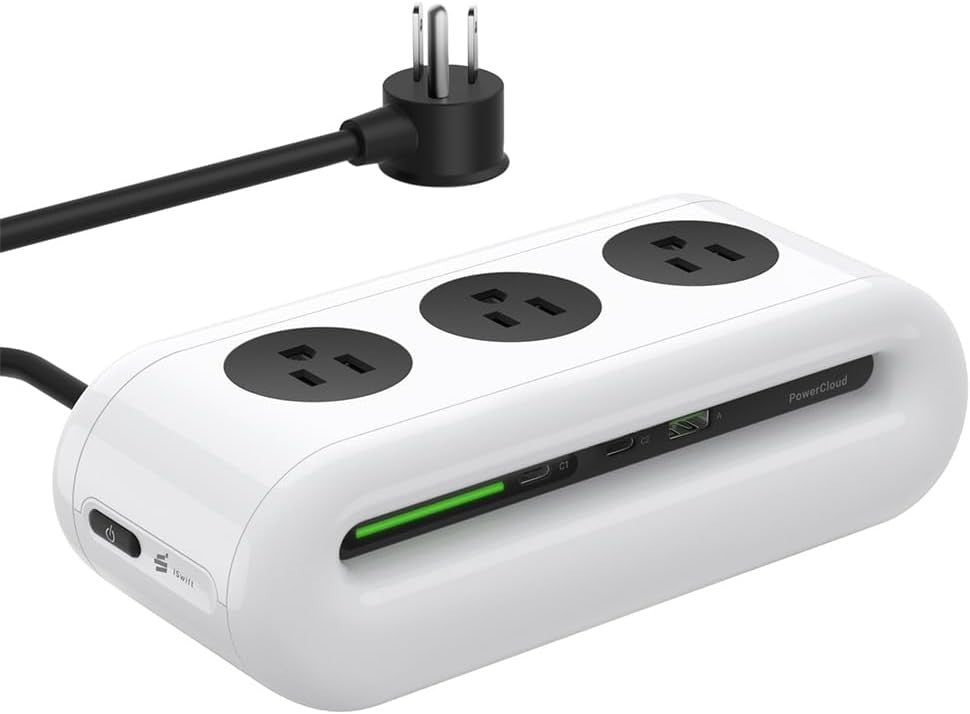 FansDreams black 6-port power strip with 3 AC outlets and 2 USB-C ports on desk with 5ft flat plug extension cord