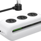 FansDreams black 6-port power strip with 3 AC outlets and 2 USB-C ports on desk with 5ft flat plug extension cord