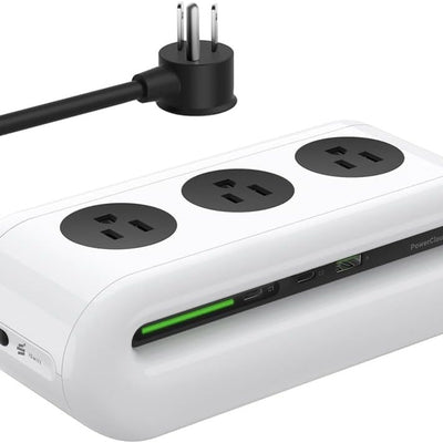 FansDreams black 6-port power strip with 3 AC outlets and 2 USB-C ports on desk with 5ft flat plug extension cord