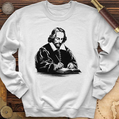 White Gildan 18000 unisex crewneck sweatshirt with Shakespeare quill graphic print, size Small, laid flat