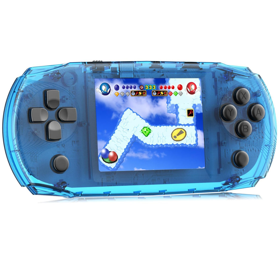 Blue CULAGEiMi handheld game console with transparent body and 3.2-inch IPS screen, preloaded with 100 retro games