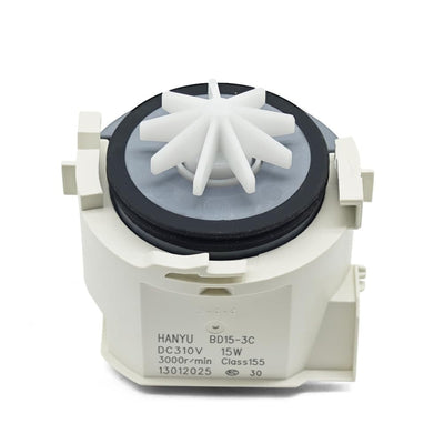 White plastic dishwasher drain pump replacement part W10531320 compatible with Whirlpool KitchenAid Jenn-Air Kenmore dishwashers