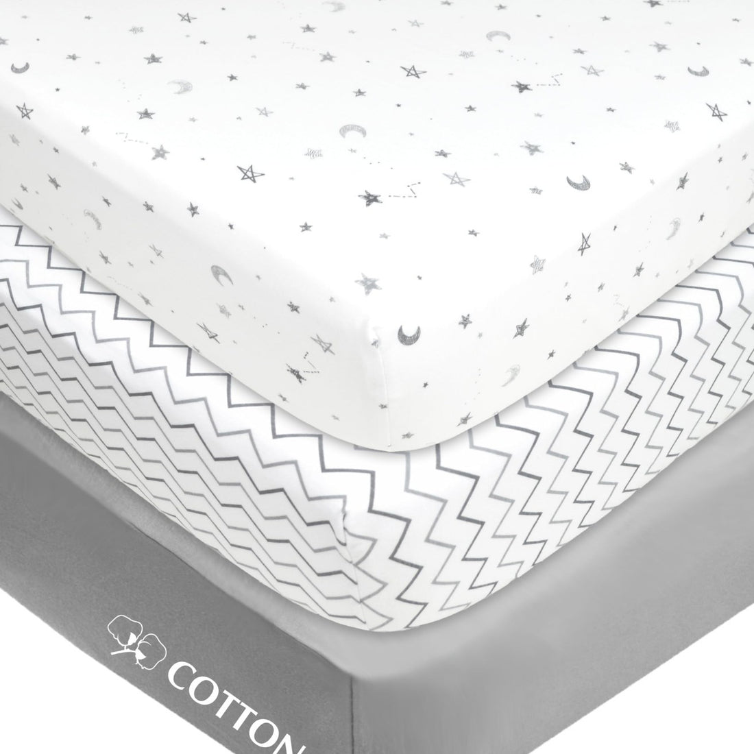 Three folded gray star and zigzag print fitted mini crib sheets 24x38 inch by American Baby Company in packaging
