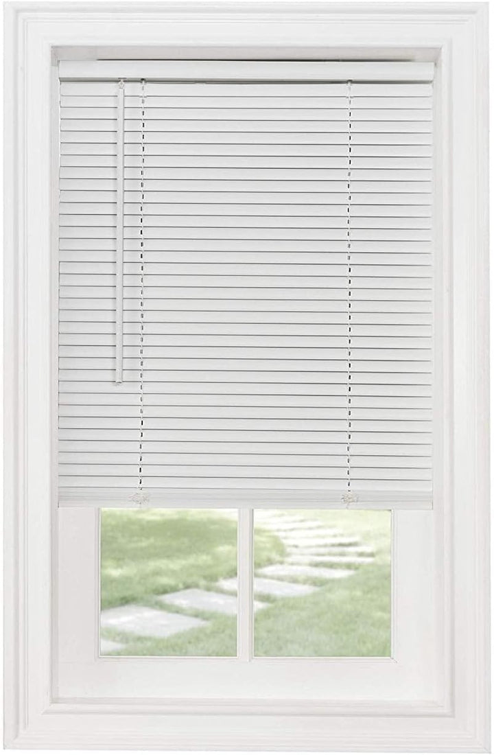 Classic Touch cordless white vinyl mini blind 20 inches wide by 64 inches long with routless slats for outside mount installation