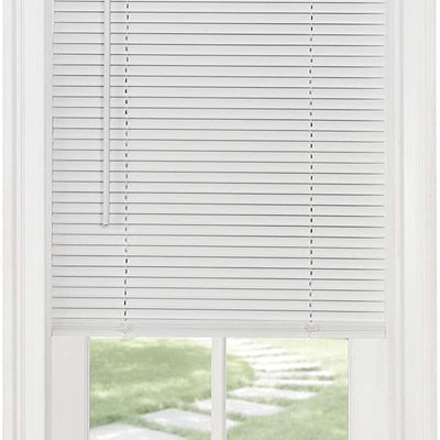 Classic Touch cordless white vinyl mini blind 20 inches wide by 64 inches long with routless slats for outside mount installation