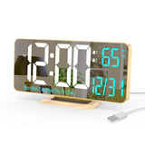 KOSUMOSU 6.7-inch gold LED digital alarm clock with mirror display showing white and blue digits on desk