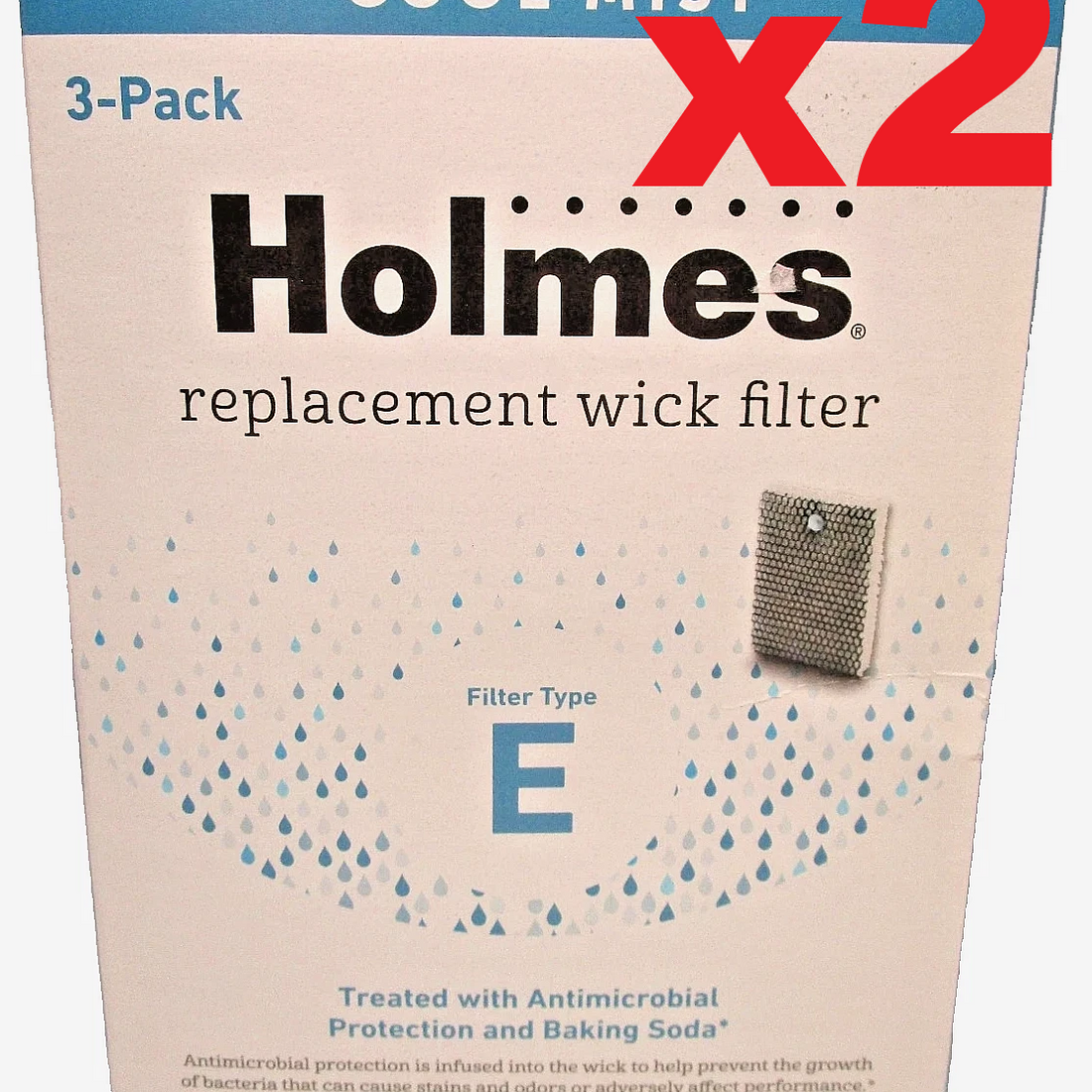 Six white Holmes Type E HWF100 antimicrobial replacement wick filters packaged as two 3-packs on white background