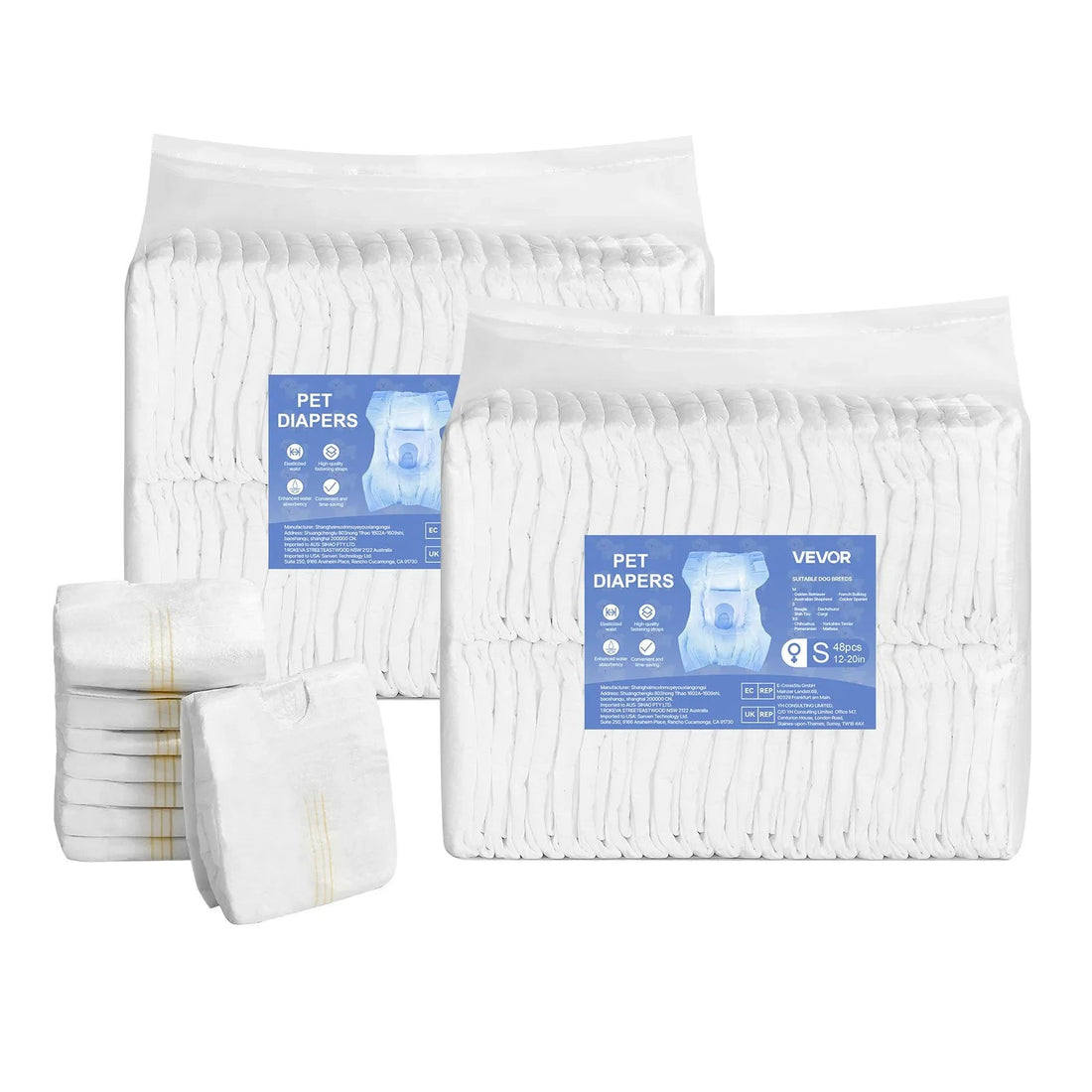 VEVOR white disposable female dog diapers size small 96-count pack with wetness indicator and tail-hole design