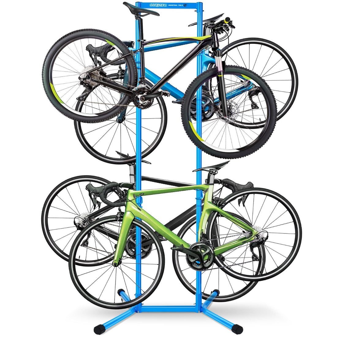 GOEHNER's green steel freestanding 4-bike storage rack with rubber-coated hooks standing upright in a garage