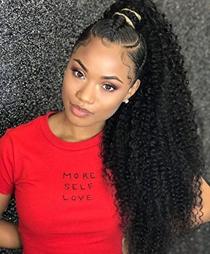viviaBella 10 inch afro kinky curly drawstring ponytail hair extension in natural black with two claw clips