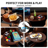 AXVLU 360-degree rotating car tray desk with walnut birch wood top mounted in vehicle cup holder, laptop and cup resting on surface - view 6