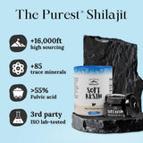 Glass jar of Pure Himalayan Shilajit soft resin 15g with measuring spoon, showing dark brown fulvic acid mineral supplement - view 4