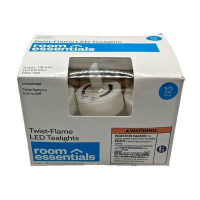 Set of 12 white flameless LED tealight candles by Room Essentials with twist-flame tops, shown on flat surface