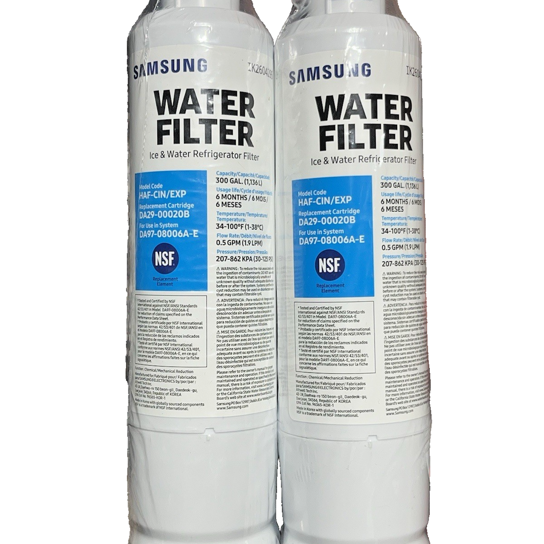Samsung DA29-00020B HAF-CIN-2P refrigerator water filter 2-pack in white, NSF-certified carbon filters