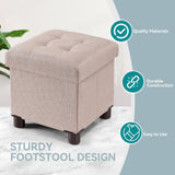 Small square khaki linen storage ottoman with wood legs and reversible lid, 12.6 inches, folded flat beside a living room sofa - view 6