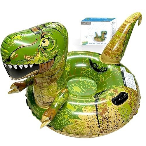 Green dinosaur-shaped inflatable snow tube sled 65 inches with dual handles and double-layer PVC bottom for kids and adults