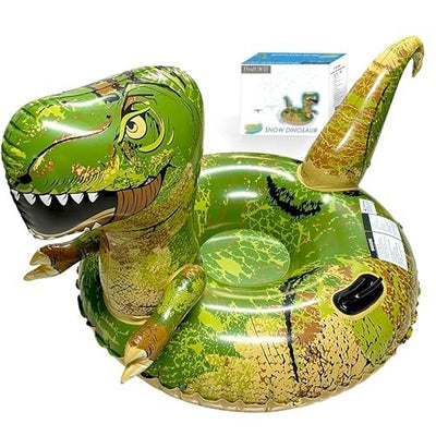 Green dinosaur-shaped inflatable snow tube sled 65 inches with dual handles and double-layer PVC bottom for kids and adults