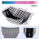 50 black and white checkered racing car paper food trays fanned out showing nacho and popcorn serving size - view 3