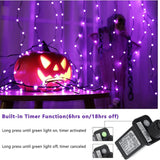 Brizled 200 LED purple Halloween string lights on black PVC wire spanning 72 feet outdoors at night - view 5