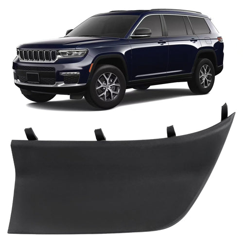 Black front left driver side bumper fascia spat stone deflector for 2021-2024 Jeep Grand Cherokee L, part 68421753AB