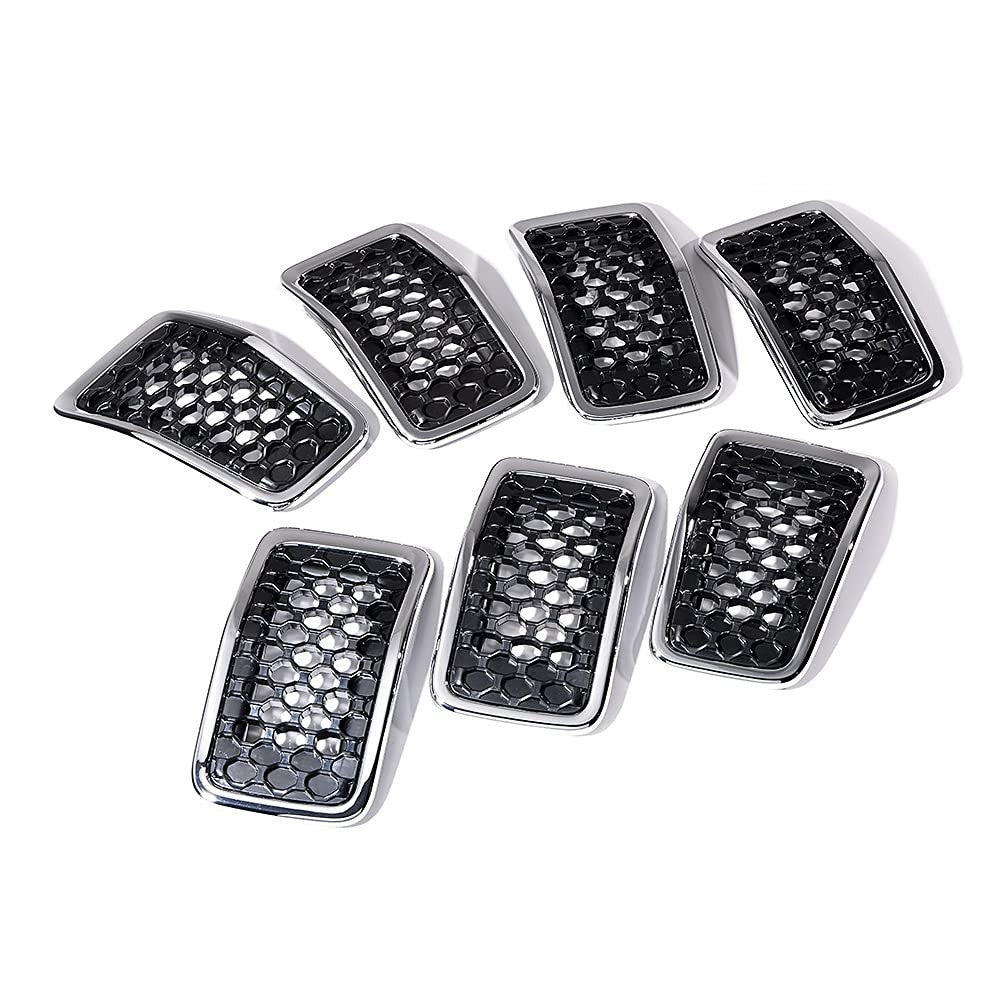 Seven-piece black honeycomb mesh grille insert set with chrome trim for 2019-2023 Jeep Cherokee front bumper