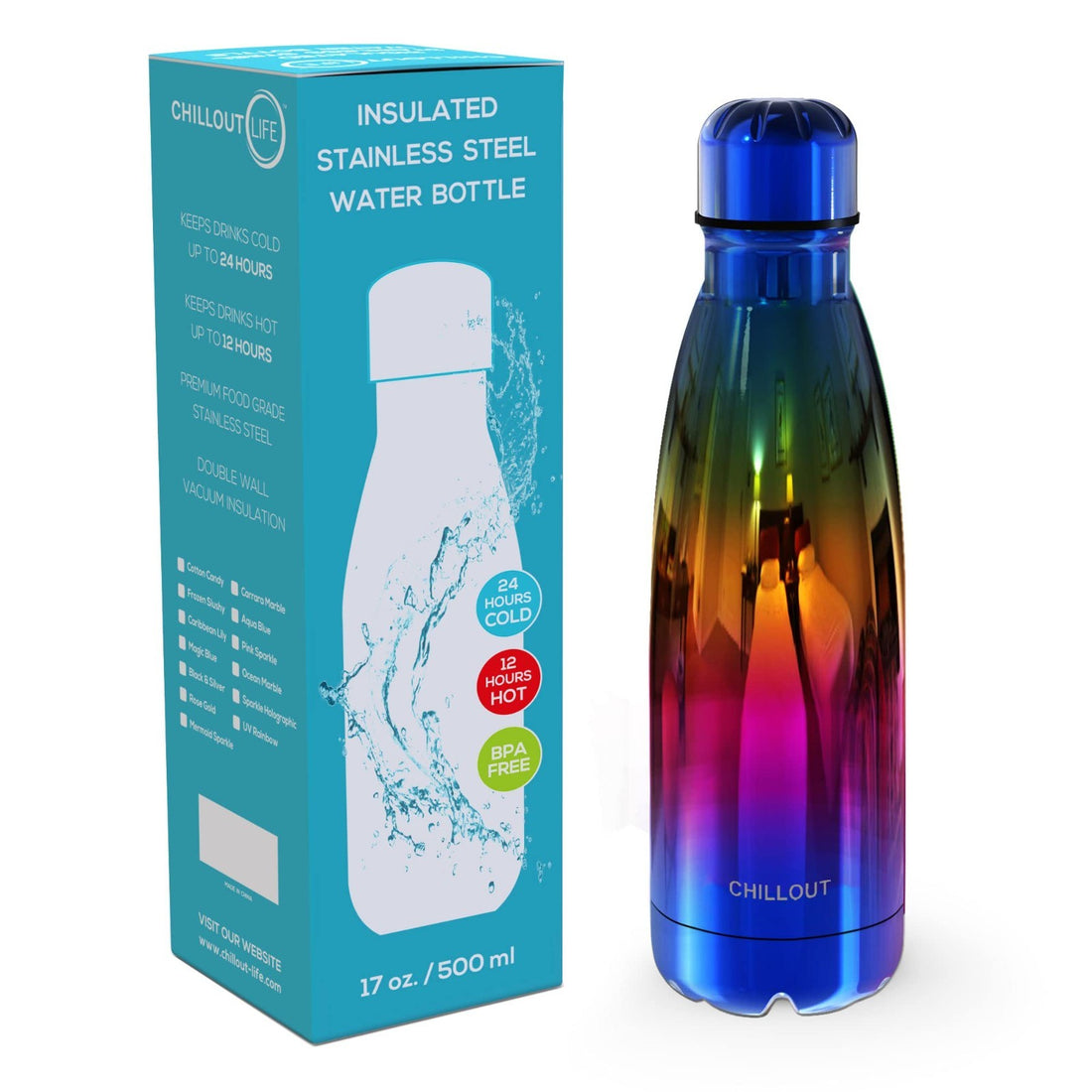 CHILLOUT LIFE 17oz UV rainbow stainless steel insulated kids water bottle with twist lid on white background