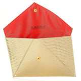SKINN metallic gold faux python embossed envelope clutch bag 8x5.5 inches with snap closure and red interior lining - view 2