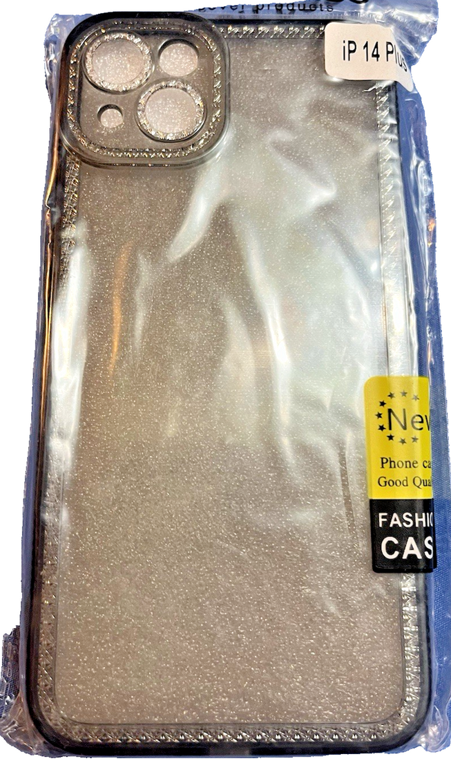 Gunprio jet black and silver glitter TPU case for iPhone 14 Plus with raised bezels and slim profile