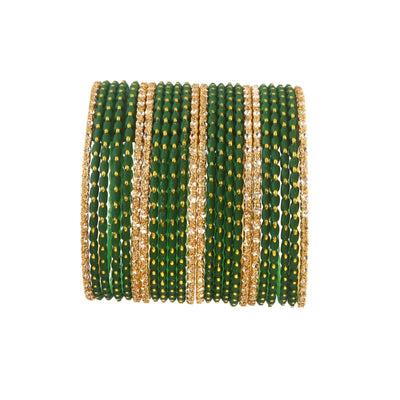 24-piece dark green and gold tone Indian Bollywood stacking bangle bracelets set by Jewar, 2.6 inch alloy