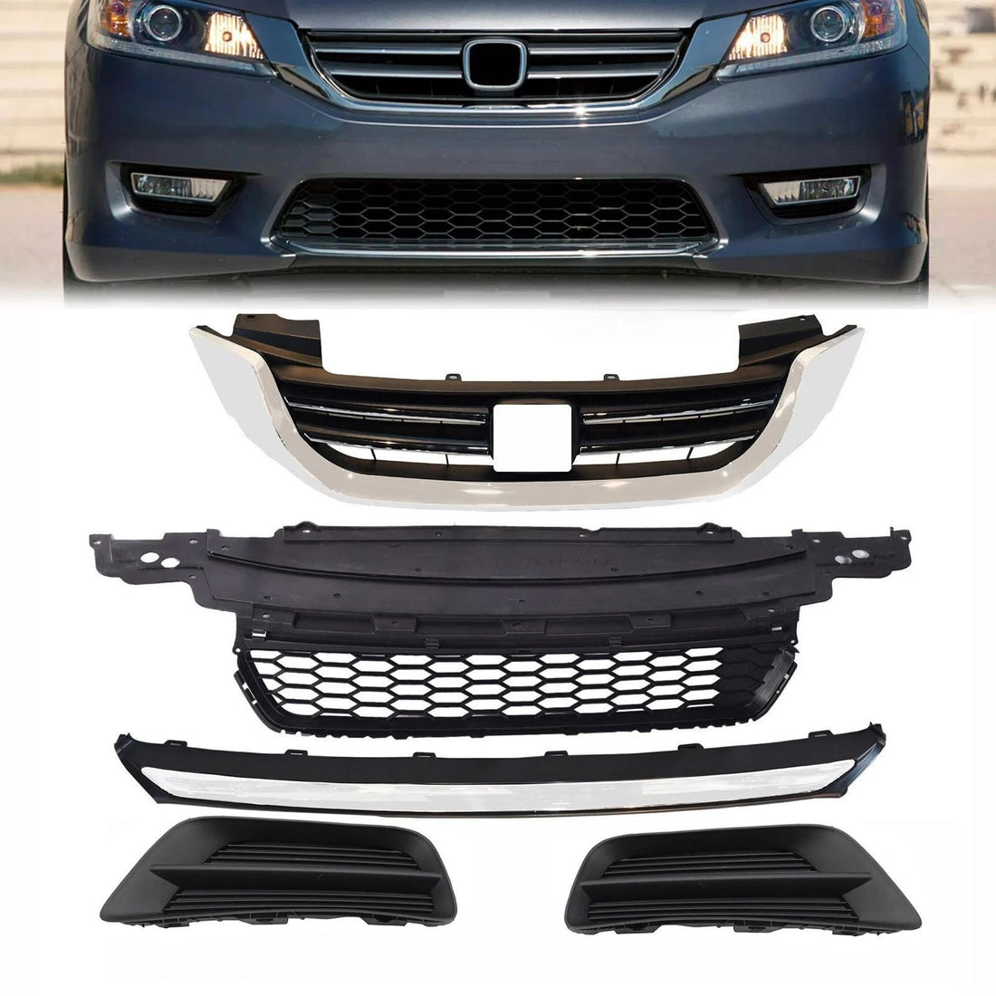 Black front grille set for 2013-2015 Honda Accord Sedan including upper grille, lower grille, bumper trim and fog lamp covers