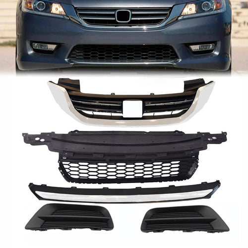 Black front grille set for 2013-2015 Honda Accord Sedan including upper grille, lower grille, bumper trim and fog lamp covers