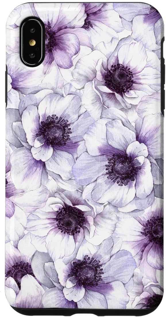 Purple anemone watercolor floral dual-layer TPU phone case for iPhone XS Max, showing back design and slim profile