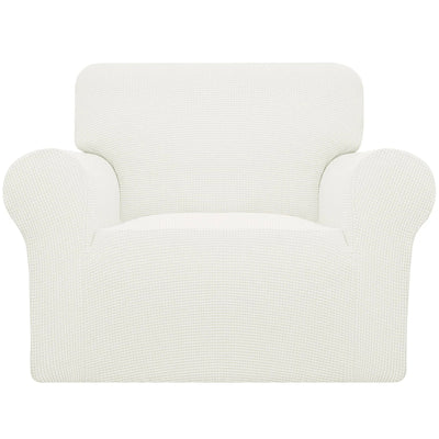 Cream check jacquard stretch slipcover fitted on a 1-seater armchair with elastic anti-slip base visible