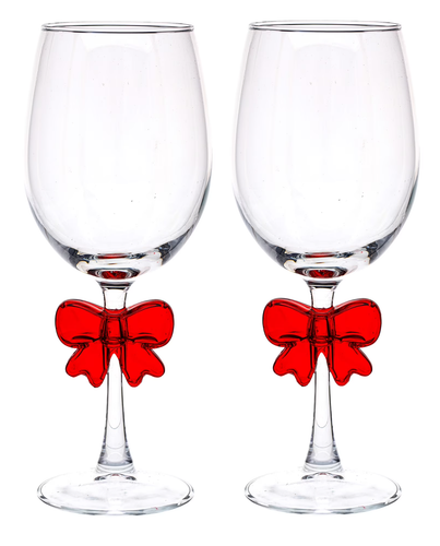 Set of 2 Holiday Time clear red wine glasses with decorative red bow on stem, 15.5oz, for Christmas party