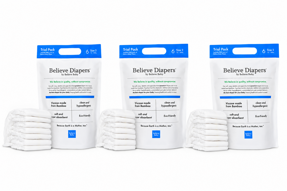 Three packs of Believe Baby Size 2 white bamboo disposable diapers with wetness indicator strip, 6-count each