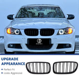 Pair of gloss black double-slat kidney grilles for 2009-2011 BMW E90 E91, ABS plastic aftermarket replacement set - view 2