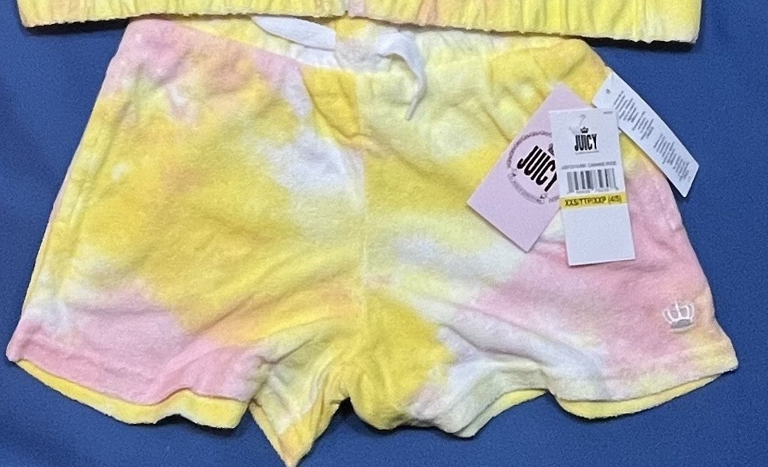 New with tags Juicy Couture yellow and rose tie-dye terry cloth shorts size small, Y2K style with logo accents