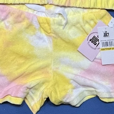 New with tags Juicy Couture yellow and rose tie-dye terry cloth shorts size small, Y2K style with logo accents