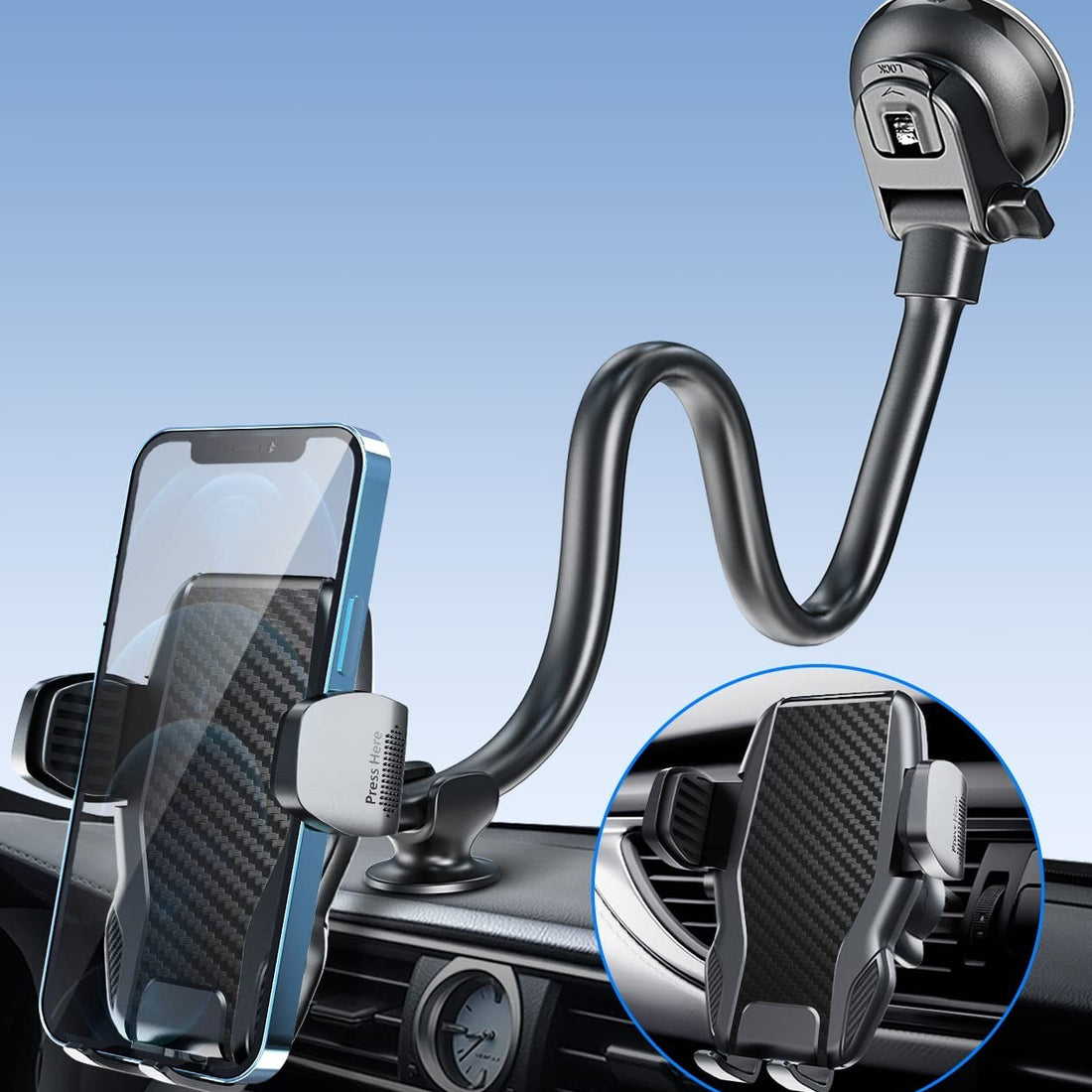 Apps2Car 13-inch gooseneck long arm car dashboard phone mount with carbon fiber finish and suction cup base