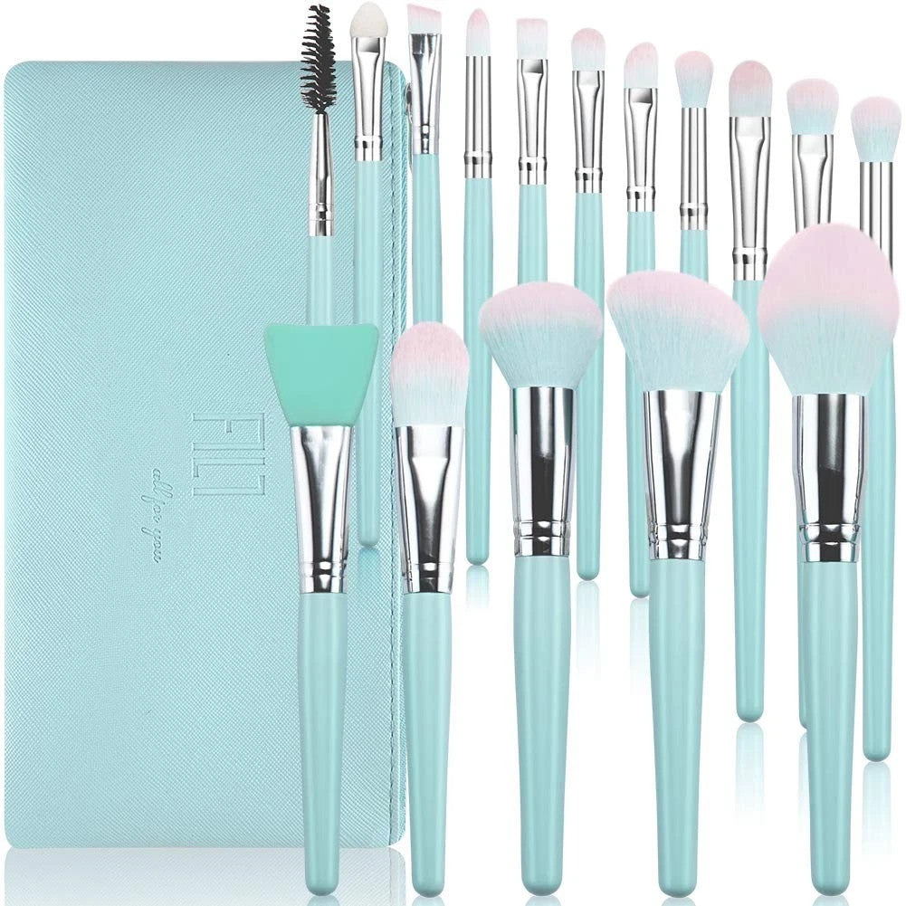 DUAIU 16-piece makeup brush set with blue wooden handles and matching blue travel bag, vegan synthetic bristles