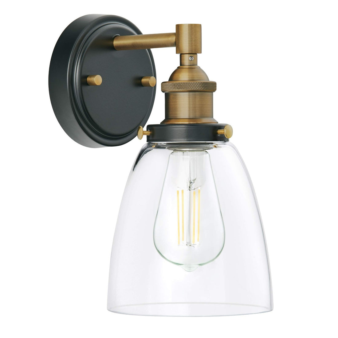 Linea Di Liara Fiorentino matte black and antique brass wall sconce with clear glass shade and LED filament bulb