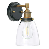 Linea Di Liara Fiorentino matte black and antique brass wall sconce with clear glass shade and LED filament bulb