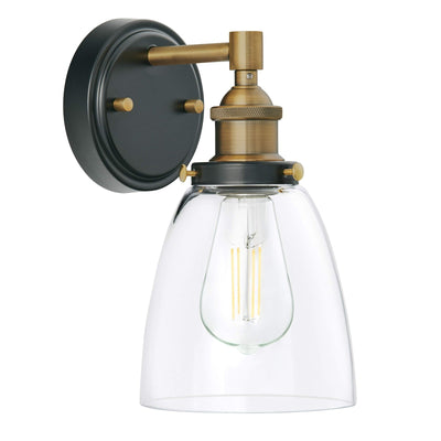 Linea Di Liara Fiorentino matte black and antique brass wall sconce with clear glass shade and LED filament bulb