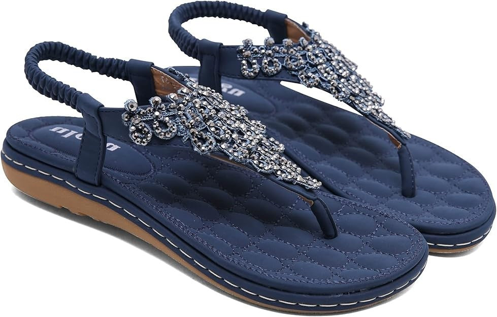 Women's navy blue flat thong sandals with hand-stitched rhinestone T-strap and elastic sling-back, boho rhinestone sandals