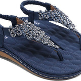 Women's navy blue flat thong sandals with hand-stitched rhinestone T-strap and elastic sling-back, boho rhinestone sandals